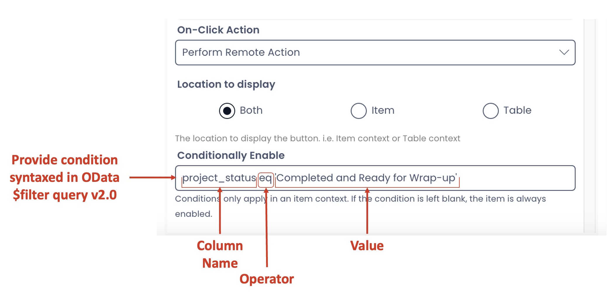 Image showing OData syntax in field to specify condition